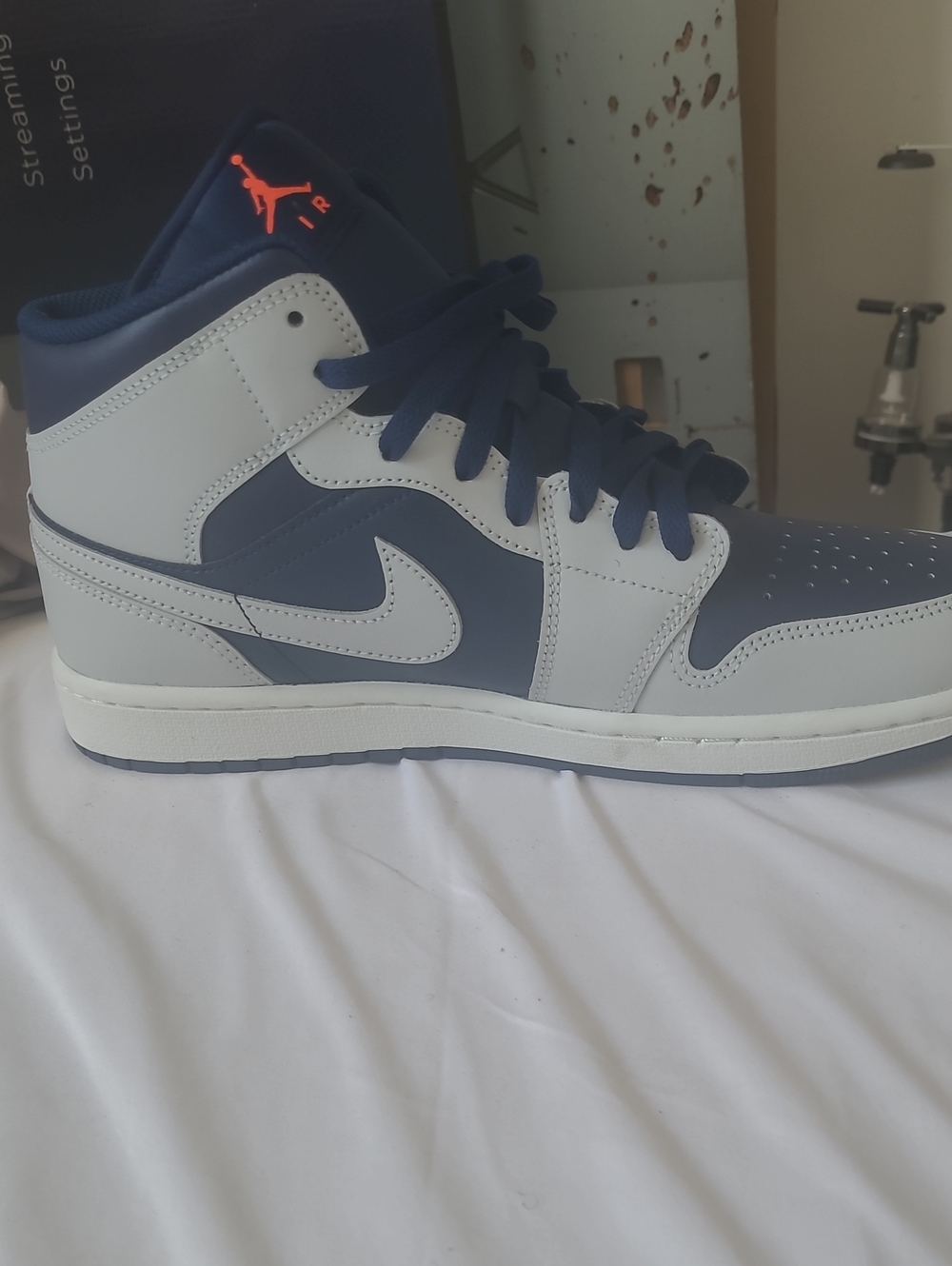 Jordan Retro High Top Sneakers - Navy/Gray with Orange Jumpman